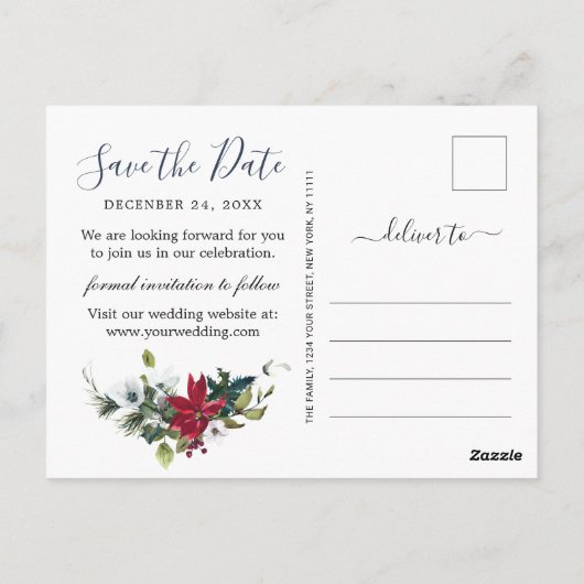 Elegant Red Poinsettia Pine Wedding Save the Date Briefkaart (Achterkant)