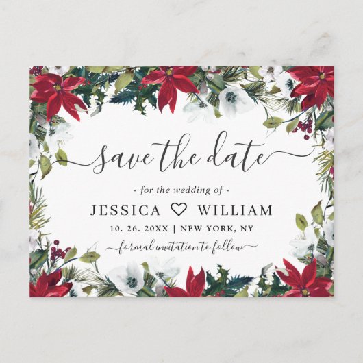 Elegant Red Poinsettia Pine Wedding Save the Date Briefkaart (Voorkant)