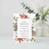 Elegant Red Poinsettia Pine Wedding Save the Date Briefkaart (Staand voorkant)