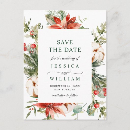 Elegant Red Poinsettia Pine Wedding Save the Date Briefkaart (Voorkant)