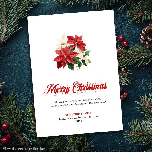 Elegant Red Poinsettia Script Font Greeting Card Feestdagenkaart