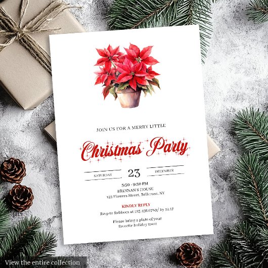 Elegant Red Poinsettia Watercolor Christmas Invite Kaart
