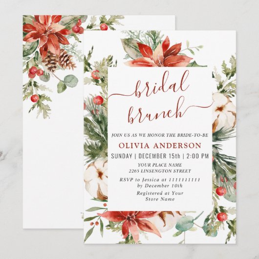 Elegant Red Poinsettia Waterverf Bridal Brunch Kaart (Voorkant / Achterkant)