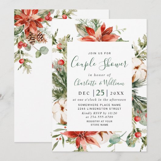 Elegant Red Poinsettia Waterverf COUPLE SHOWER Kaart (Voorkant / Achterkant)