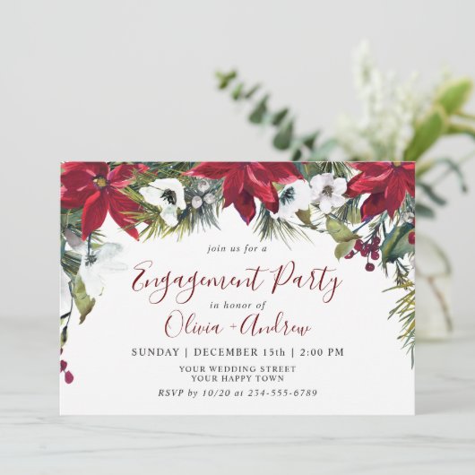 Elegant Red Poinsettia Waterverf ENGAGTY Kaart (Staand voorkant)