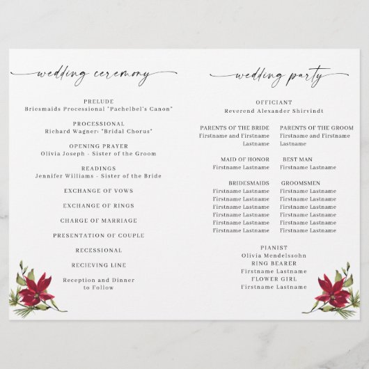 Elegant Red Poinsettia Wedding Ceremony Programme (Achterkant)