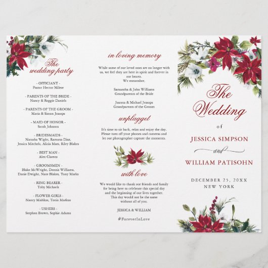 Elegant Red Poinsettia Wedding Ceremony Programme (Voorkant)