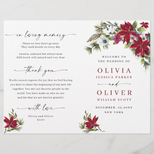 Elegant Red Poinsettia Wedding Ceremony Programme (Voorkant)