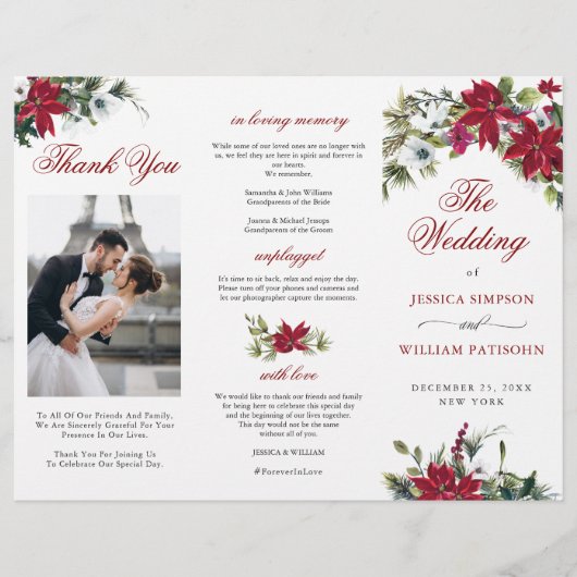 Elegant Red Poinsettia Wedding Ceremony Programme (Voorkant)