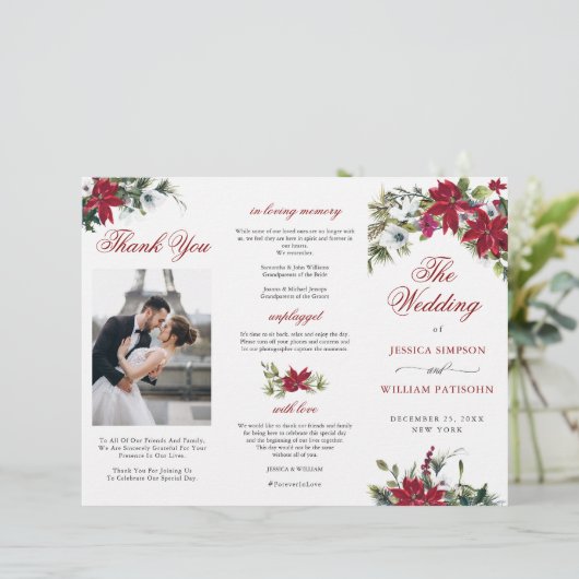 Elegant Red Poinsettia Wedding Ceremony Programme (Staand voorkant)