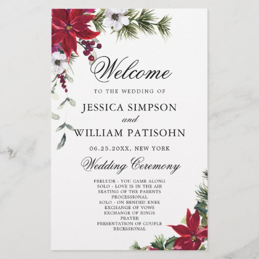 Elegant Red Poinsettia Wedding Ceremony Programme (Voorkant)