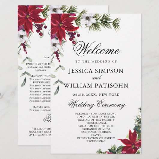 Elegant Red Poinsettia Wedding Ceremony Programme (Voorkant / Achterkant)