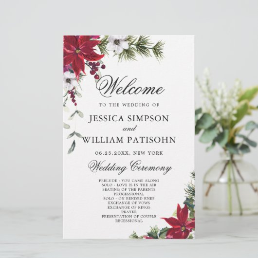 Elegant Red Poinsettia Wedding Ceremony Programme (Staand voorkant)