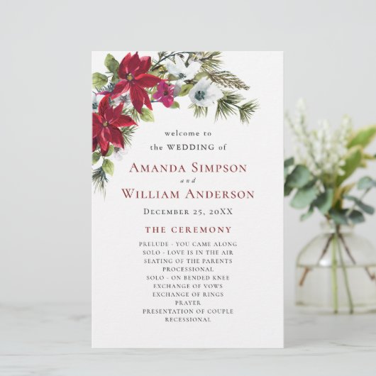 Elegant Red Poinsettia Wedding Ceremony Programme (Staand voorkant)