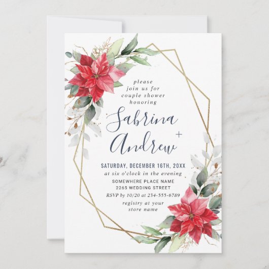 Elegant Red Poinsettia Winter Floral Couple Shower Kaart (Voorkant)
