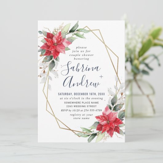 Elegant Red Poinsettia Winter Floral Couple Shower Kaart (Staand voorkant)