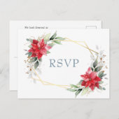 Elegant Red Poinsettia Winter Greenery RSVP Briefkaart (Voorkant / Achterkant)