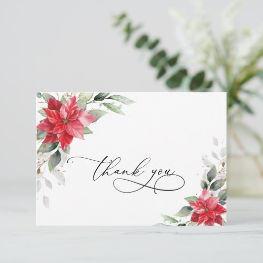 Elegant Red Poinsettia Winter Greenery Waterverf Bedankkaart (Staand voorkant)