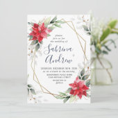 Elegant Red Poinsettia Winter Greenery Wedding Kaart (Staand voorkant)
