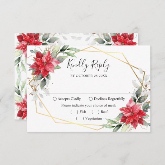 Elegant Red Poinsettia Winter Greenery Wedding RSVP Kaartje (Voorkant / Achterkant)