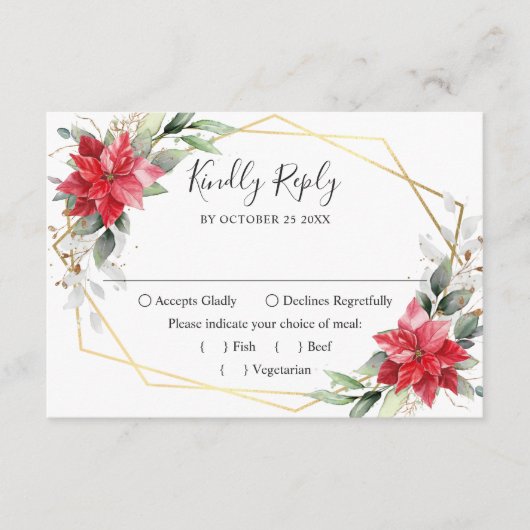Elegant Red Poinsettia Winter Greenery Wedding RSVP Kaartje (Voorkant)