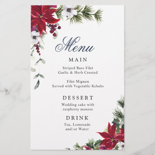 Elegant Red Poinsettia Winter Weddenrenmenu (Voorkant)