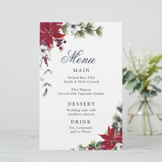 Elegant Red Poinsettia Winter Weddenrenmenu (Staand voorkant)