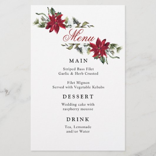 Elegant Red Poinsettia Winter Weddenrenmenu (Voorkant)
