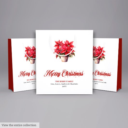 Elegant Red Poinsettias Script Font Holiday Bags Medium Cadeauzakje