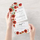 Elegant Red Poppies Floral bruiloft in één Invi All In One Uitnodiging (Afscheurbaar)