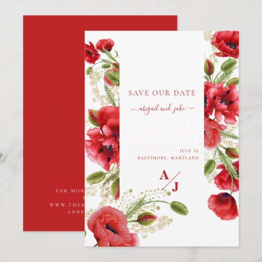 Elegant Red Poppy Floral Save The Date (Voorkant / Achterkant)