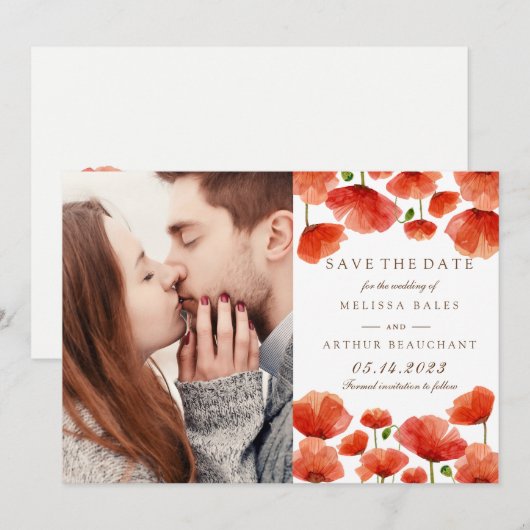 Elegant Red Poppy Flowers Photo Save the Date (Voorkant / Achterkant)