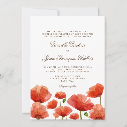 Elegant Red Poppy Flowers Wedding Invitation Kaart (Voorkant)