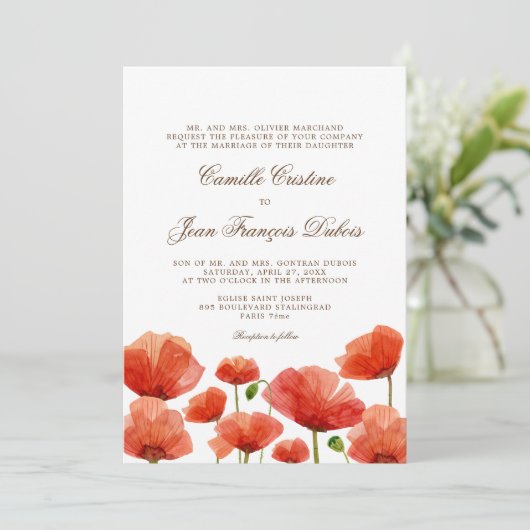 Elegant Red Poppy Flowers Wedding Invitation Kaart (Staand voorkant)
