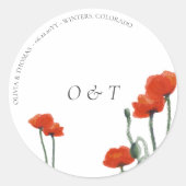 Elegant Red Poppy Modern Couple Monograms Weddensc Ronde Sticker (Voorkant)