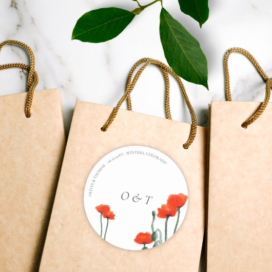 Elegant Red Poppy Modern Couple Monograms Weddensc Ronde Sticker