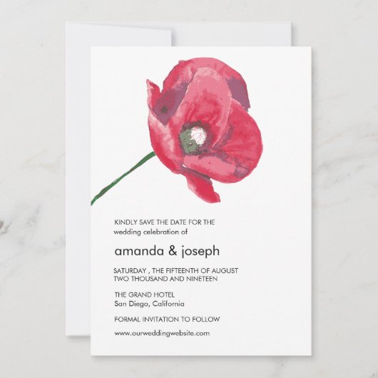 Elegant Red Poppy Wedding Save the Date Card Kaart (Voorkant)