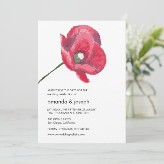 Elegant Red Poppy Wedding Save the Date Card Kaart (Staand voorkant)