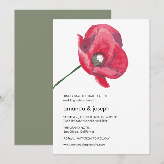 Elegant Red Poppy Wedding Save the Date Card Kaart (Voorkant / Achterkant)