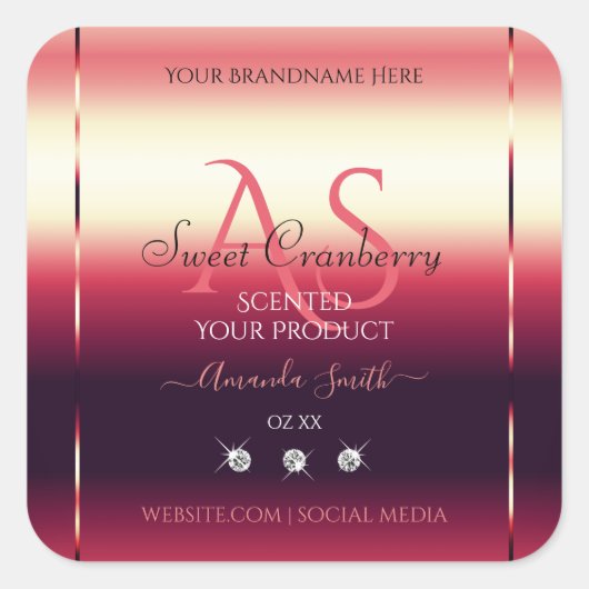 Elegant Red Product Labels diamanten en Initialen (Voorkant)