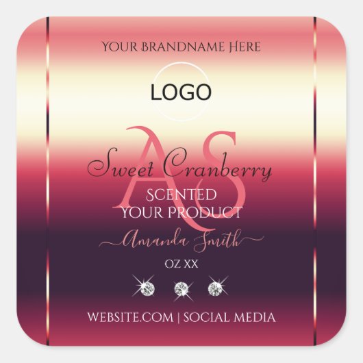 Elegant Red Product Labels diamanten Initialen Log (Voorkant)
