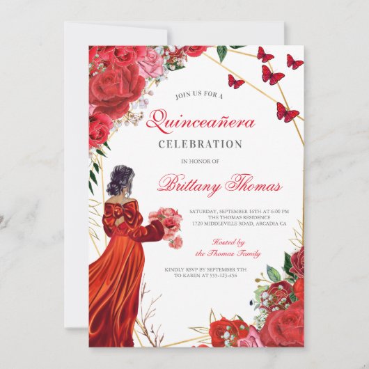 Elegant Red Quinceañera Invitation Kaart (Voorkant)