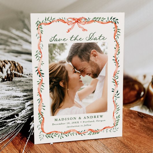 Elegant Red Ribbon and Greenery Holiday Photo Save The Date