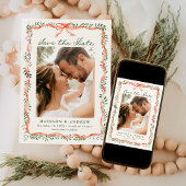 Elegant Red Ribbon and Greenery Holiday Photo Save The Date