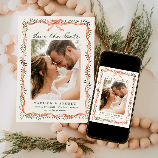Elegant Red Ribbon and Greenery Holiday Photo Save The Date