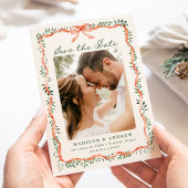 Elegant Red Ribbon and Greenery Holiday Photo Save The Date