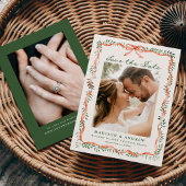 Elegant Red Ribbon and Greenery Holiday Photo Save The Date
