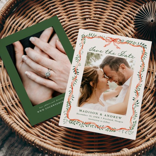 Elegant Red Ribbon and Greenery Holiday Photo Save The Date