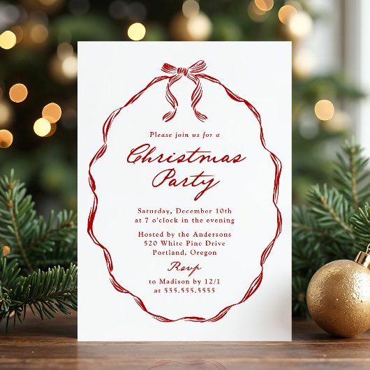 Elegant Red Ribbon Frame Christmas Party Kaart