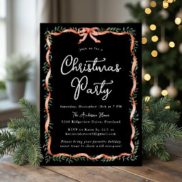 Elegant Red Ribbon Greenery Black Christmas Party Kaart